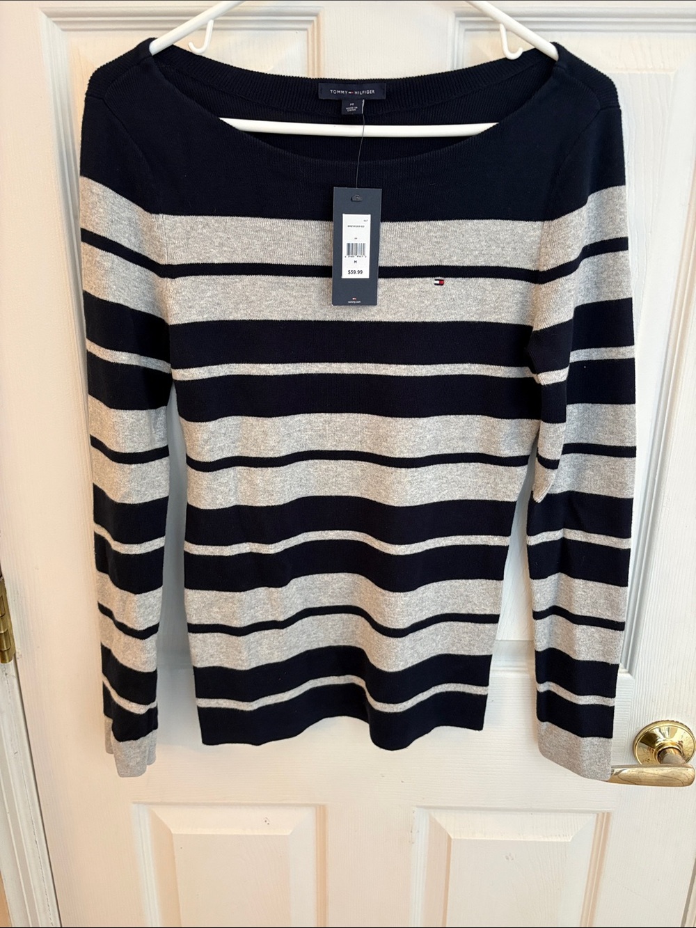 Tommy Hilfiger NWT medium Navy and Heather Gray Striped Crewneck Sweater NEW!!